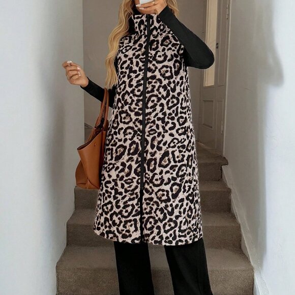 Casual Women's Leopard print Zip up Long Vest Jacket With Pockets - Picture 3 of 6